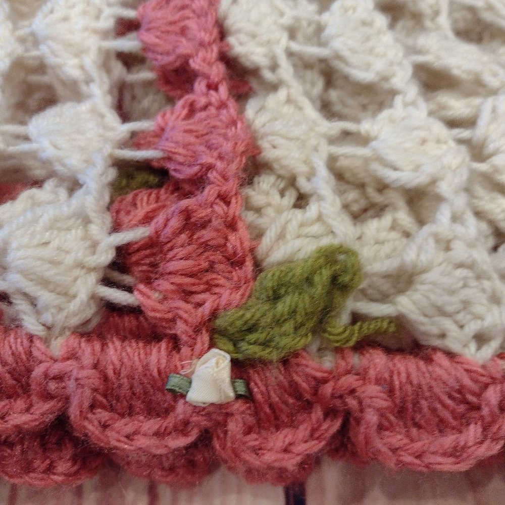Cream Afghan Crochet Blanket Or Couch cover Cottagecore Floral Pink 50"x 72".